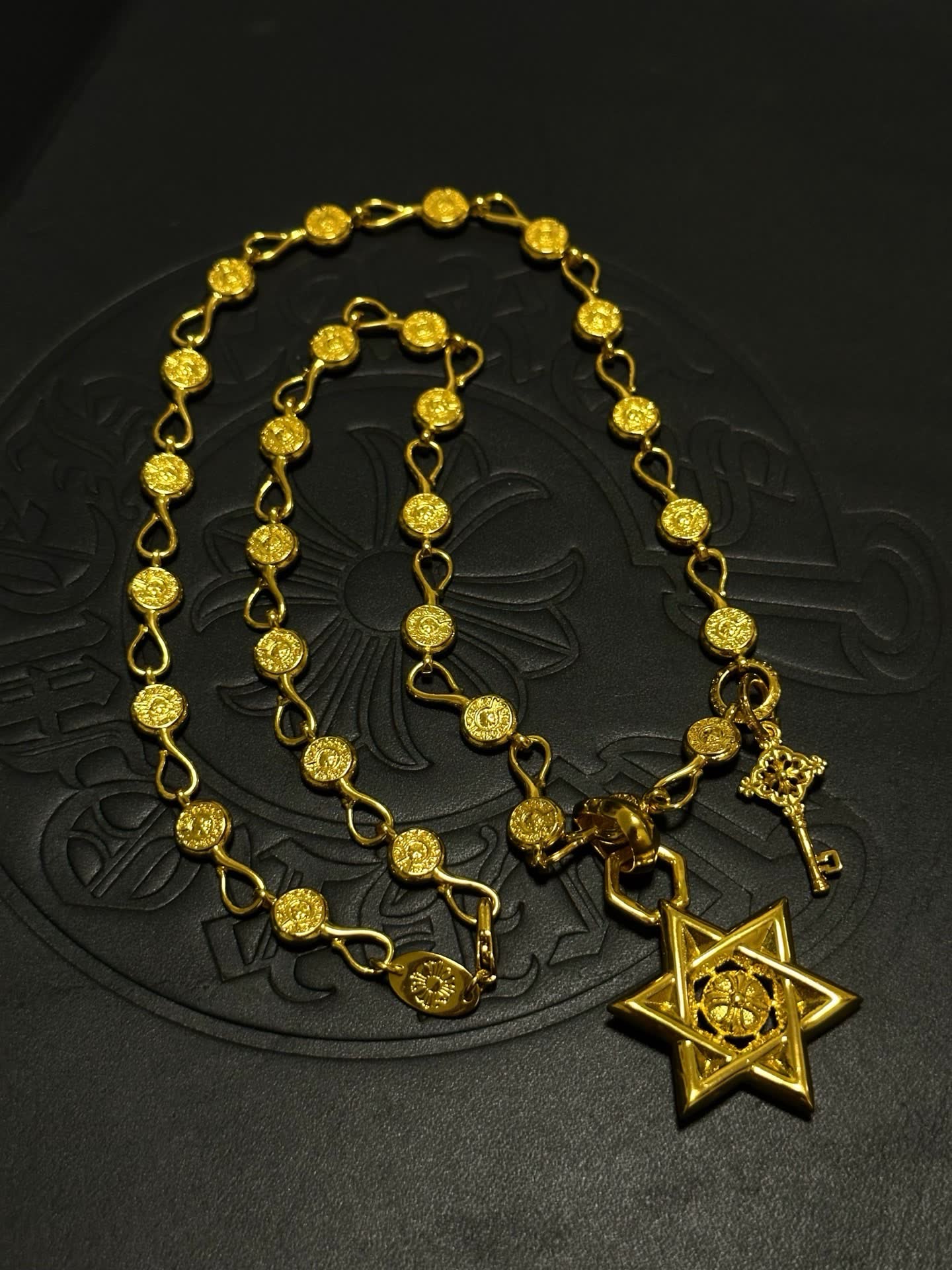 Chrome Hearts Gold-Plated Star of David Necklace with Key Charm
